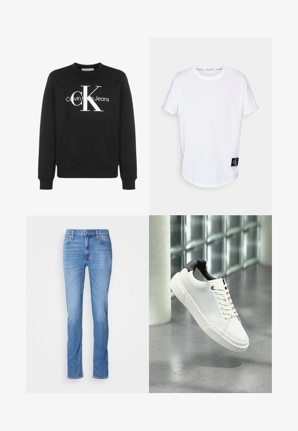 Sudadera negra de manga larga con cuello redondo, logo blanco de Calvin Klein Jeans y grandes letras estilizadas "cK" en la parte delantera.; Camiseta blanca de algodón con mangas cortas enrolladas, dobladillo redondeado y una etiqueta de logo negra que presenta "CK" en la esquina inferior izquierda.; Vaqueros de mezclilla azul para hombre con corte recto, bolsillos delanteros y traseros, y una pequeña etiqueta de Calvin Klein cerca del bolsillo delantero derecho.; Zapatilla blanca de perfil bajo con lengüeta del talón texturizada en negro, cordones blancos y suela gruesa sobre un suelo de cemento pulido cerca de bloques de vidrio.