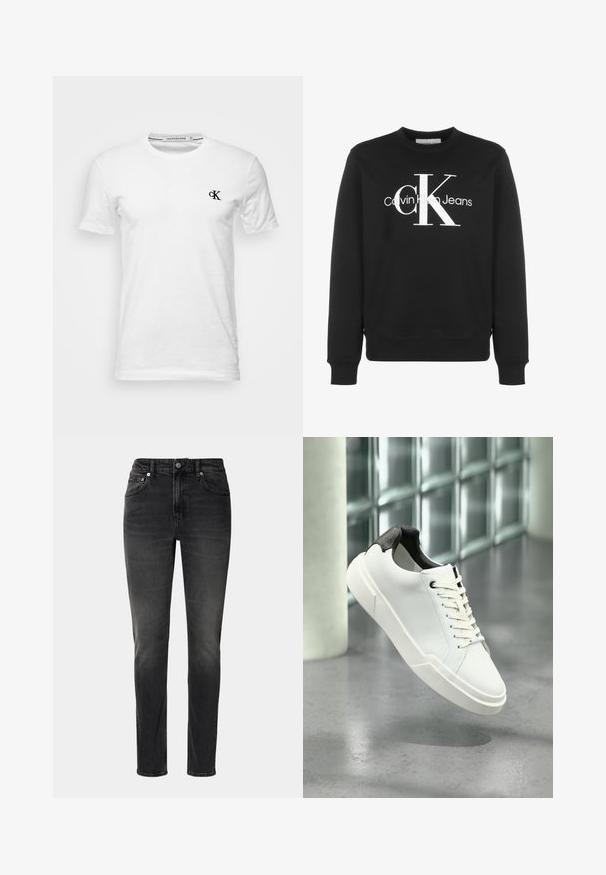 Schwarzes Sweatshirt mit Rundhalsausschnitt und langen Ärmeln, weißem Calvin Klein Jeans-Logo und großen stilisierten "cK" Buchstaben auf der Vorderseite.; Weißes T-Shirt mit kurzen Ärmeln und Rundhalsausschnitt mit kleinem schwarzem "CK"-Logo auf der linken Brust, Marke Calvin Klein Jeans, Größe Medium.; Schwarze Jeans aus Denim, mit geradem Schnitt, fünf Taschen und Knopfverschluss. Leichte Ausbleichungen verleihen dem Stoff Textur.; Weißer Sneaker mit niedrigem Schaft, schwarzem, strukturiertem Fersenlaschen, weißen Schnürsenkeln und dicker Sohle auf einem polierten Betonboden in der Nähe von Glasbausteinen.