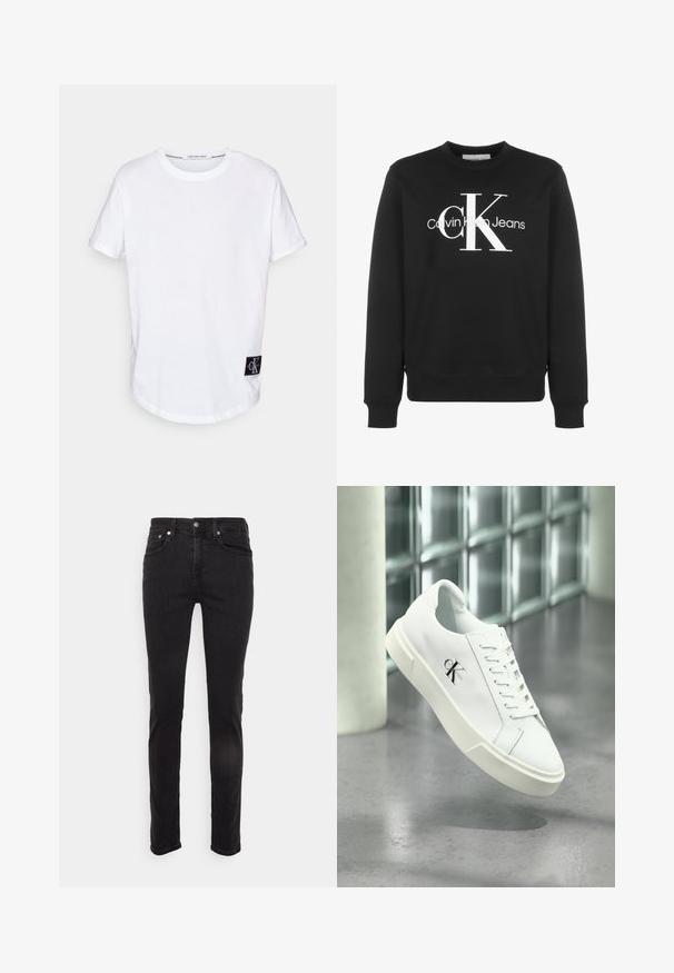 Sort langærmet crewneck-sweatshirt med hvid Calvin Klein Jeans-logo og store stiliserede "cK" bogstaver på forsiden.; Hvid bomulds T-shirt med rullede korte ærmer, afrundet kant og et sort logo-tag med "CK" i nederste venstre hjørne.; Slim-fit sorte denimjeans med forlommer, bæltestropper og knaplukning vist mod en ensfarvet, lys baggrund.; Hvid Calvin Klein sneaker med snørebånd, vist svævende over en poleret betongulv og en baggrund af glasblokke.