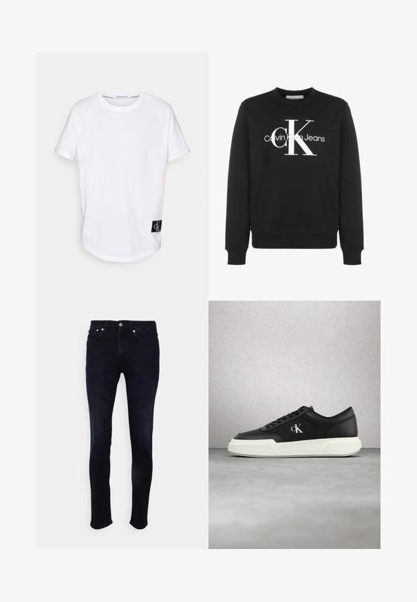 Sort langærmet crewneck-sweatshirt med hvid Calvin Klein Jeans-logo og store stiliserede "cK" bogstaver på forsiden.; Hvid bomulds T-shirt med rullede korte ærmer, afrundet kant og et sort logo-tag med "CK" i nederste venstre hjørne.; Slim-fit mørkeblå jeans lavet af denim, med mid-rise talje, fem lomme design og kontraststing på lommerne.; Sort lædersneaker med hvid sål og "cK"-logo, vist svævende i luften foran en væg af glasblokke og en betongulvbaggrund.