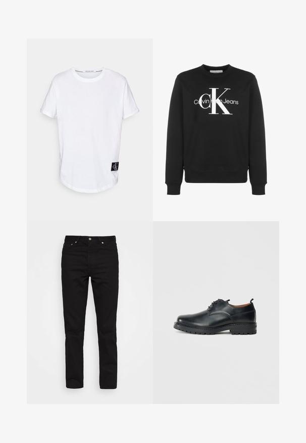 Sort langærmet crewneck-sweatshirt med hvid Calvin Klein Jeans-logo og store stiliserede "cK" bogstaver på forsiden.; Hvid bomulds T-shirt med rullede korte ærmer, afrundet kant og et sort logo-tag med "CK" i nederste venstre hjørne.; Sorte denimbukser med lige ben, fem lommer og metalbeslag; glat tekstur og klassisk mørk farve.; Sorte læder derby-sko med en glat overflade, rund tå, snøre-design og en tyk, robust gummisål.