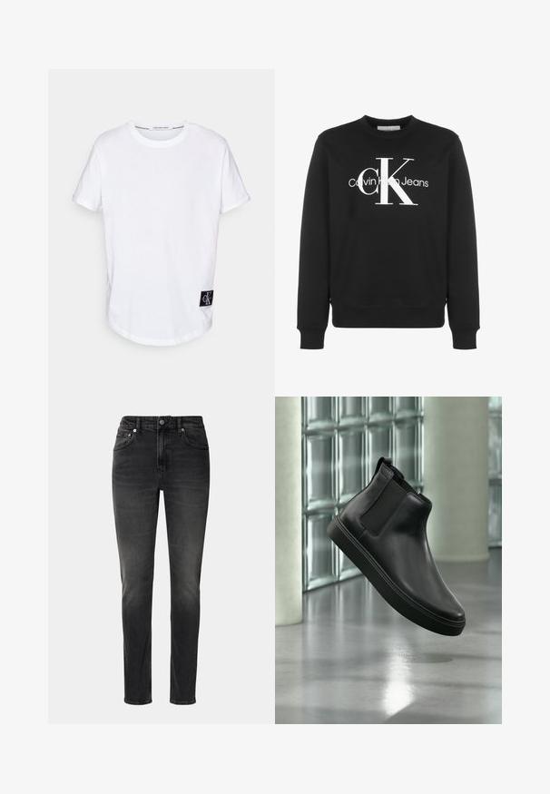 Schwarzes Sweatshirt mit Rundhalsausschnitt und langen Ärmeln, weißem Calvin Klein Jeans-Logo und großen stilisierten "cK" Buchstaben auf der Vorderseite.; Weißes Baumwoll-T-Shirt mit umgeschlagenen Kurzärmeln, abgerundetem Saum und einem schwarzen Logotag mit "CK" auf der unteren linken Seite.; Schwarze Jeans aus Denim, mit geradem Schnitt, fünf Taschen und Knopfverschluss. Leichte Ausbleichungen verleihen dem Stoff Textur.; Schwarzer Lederknöchel-Stiefel mit elastischen Seitenteilen, der über einem polierten Betonboden und Glasbausteinen im Hintergrund schwebt.