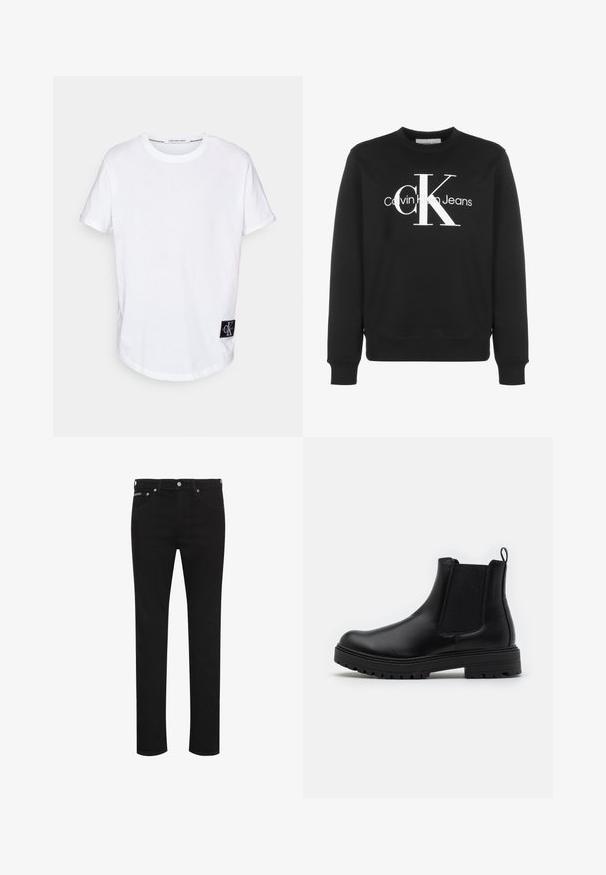 Sort langærmet crewneck-sweatshirt med hvid Calvin Klein Jeans-logo og store stiliserede "cK" bogstaver på forsiden.; Hvid bomulds T-shirt med rullede korte ærmer, afrundet kant og et sort logo-tag med "CK" i nederste venstre hjørne.; Sorte slim-fit jeans med knap foran, bæltestropper og synlige forlommer, vist på hvid baggrund.; Zign by Zalando LEATHER - Støvletter - black