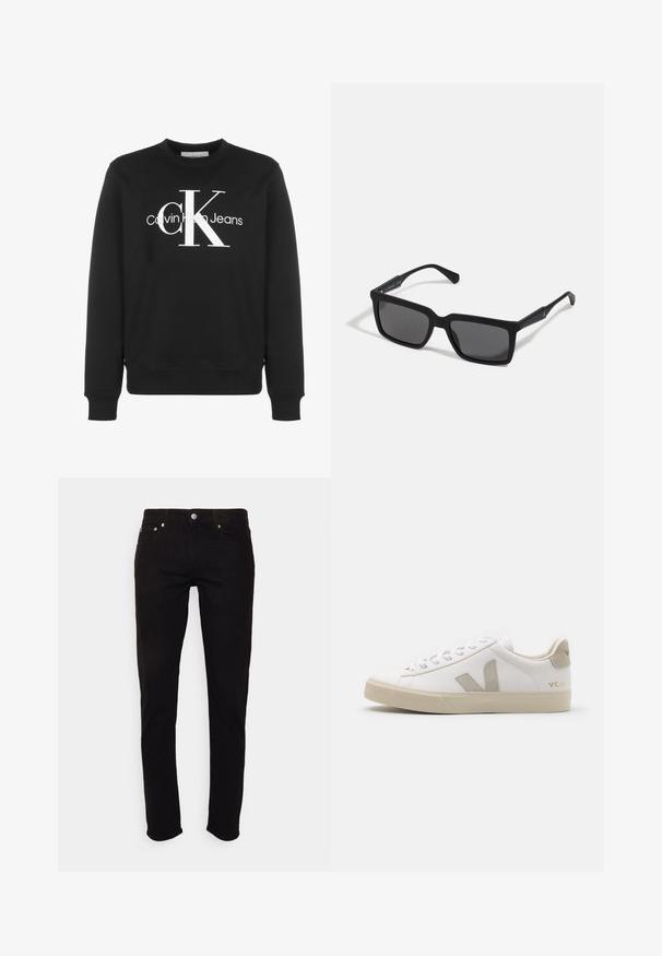 Čierna mikina s dlhým rukávom a okrúhlym výstrihom s bielym logom Calvin Klein Jeans a veľkými štylizovanými písmenami "cK" na prednej strane.; Čierne slim fit rifle s gombíkom a zipsom, prednými a zadnými vreckami, zobrazené na bielom pozadí.; Biele kožené tenisky s béžovými akcentmi, plochá gumová podrážka, okrúly špička a kontrastné logo na boku a zadnej časti. S viazaním.; Čierne slnečné okuliare s obdĺžnikovými šošovkami, matným povrchom, hrubými rámami a štíhlymi stranicami s jemným brandingom.