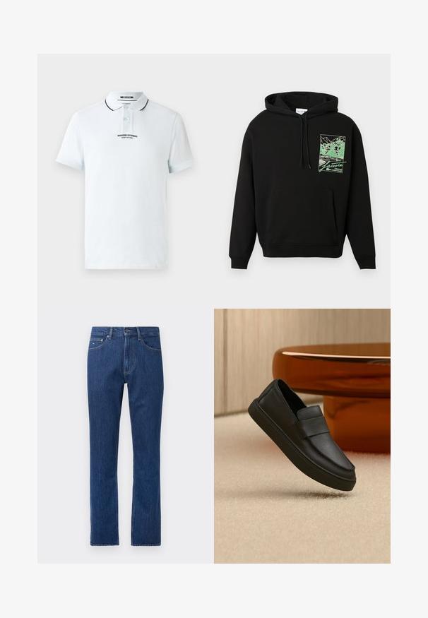 Sort hættetrøje med forlommel og grøn grafik af en tennisbane og træer, mærket "Lacoste Tennis Heritage" på brystet.; Lyseblå polo-shirt lavet af bomuld, med en to-knaps knaplukning, sort kravekant og et trykt logo på brystet.; Mørkeblå denimjeans med lige ben, forlommer og syningsdetaljer. Standard taljebånd og knaplukning. Ingen pynt.; Sort lædersko med elastik over vristen, placeret på et beige tæppe og ved et brunt rundt bord.