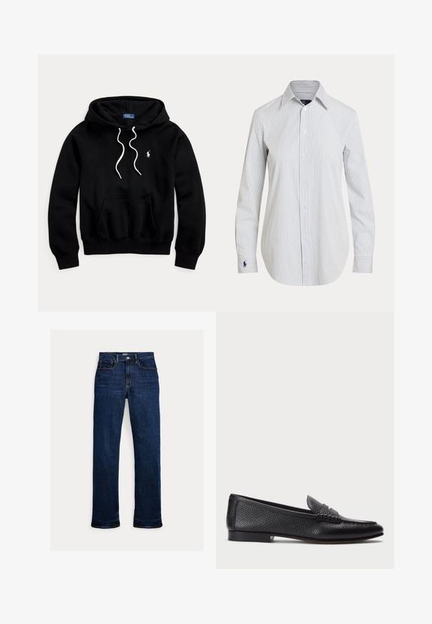 Čierna mikina s kapucňou s bielymi sťahovacími šnúrkami, predným klokankovým vreckom a malým bielym logom Polo Ralph Lauren na hrudi.; Biela košeľa s dlhým rukávom na gombíky s tenkými vertikálnymi modrými pruhmi a modrým vyšitým logom na ľavom manžete.; Tmavomodré rifle s rovnými nohavicami, predným gombíkom a zipsom, päťvreckový dizajn a viditeľné detaily prešívania.; Čierne kožené loafers s textúrovaným povrchom, vybavené dekoratívnym pásikom a plochým podpätkom. Elegatný, minimalistický dizajn s okrúhlou špičkou.
