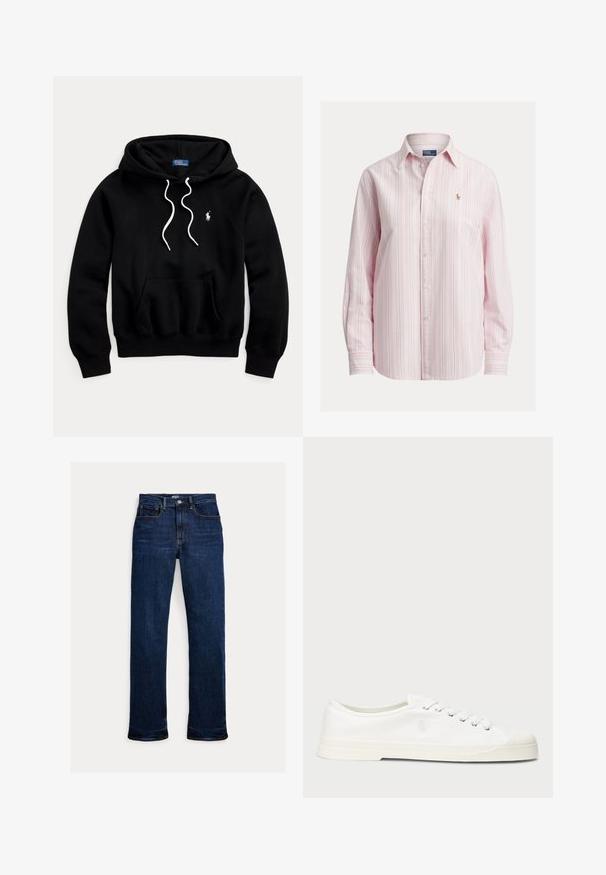 Čierna mikina s kapucňou s bielymi sťahovacími šnúrkami, predným klokankovým vreckom a malým bielym logom Polo Ralph Lauren na hrudi.; Košeľa s dlhým rukávom na gombíky svetlo ružovej farby s bielymi a modrými pruhmi, s malým vyšívaným logom na hrudi, vyrobená z bavlnenej tkaniny.; Tmavomodré rifle s rovnými nohavicami, predným gombíkom a zipsom, päťvreckový dizajn a viditeľné detaily prešívania.; Biele plátěné tenisky s okrúhlou špičkou, viazaním na šnúrky a diskrétnym logom. Majú štruktúrovanú textíliu a gumovú podrážku.