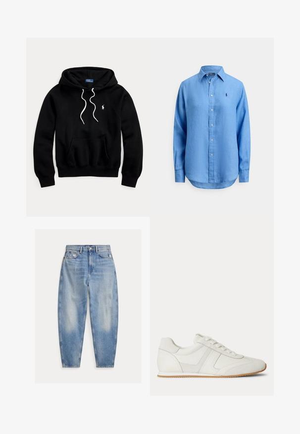 Zwarte capuchontrui met witte trekkoorden, voorzak in kangaroostijl en een klein wit Polo Ralph Lauren-logo op de borst.; Lichtblauw overhemd van zacht materiaal, met een puntige kraag, lange mouwen en een klein logo op de borst.; Lichtblauwe high-waisted spijkerbroek met lichte vervaging en slijtage bij de voorzakken, vijfzakkenstijl en taps toelopende pijpen.; Witte lage sneaker met veters aan de voorkant, suède en leren panelen, en een lichtbruine rubberen zool op een witte achtergrond.