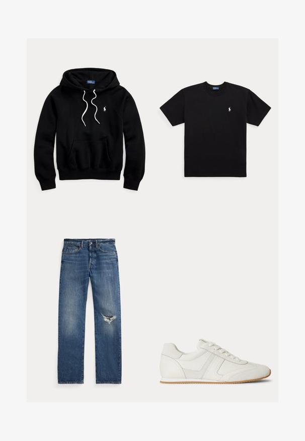 Čierna mikina s kapucňou s bielymi sťahovacími šnúrkami, predným klokankovým vreckom a malým bielym logom Polo Ralph Lauren na hrudi.; Čierne tričko s krátkym rukávom a okrúhlym výstrihom, s malým bielym vyšívaným logom Polo Ralph Lauren na ľavej strane hrudníka.; Modré džínsy s mid-rise pásom, piatimi vreckami a roztrhnutím na pravom kolene.; Biela nízka teniska so šnurovaním vpredu, zsemišovými a koženými panelmi a svetlohnedou gumovou podrážkou na bielom pozadí.