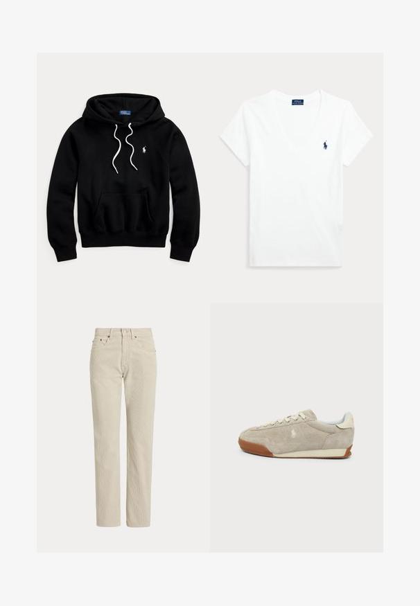 Sweat à capuche noir avec cordons blancs, poche kangourou à l'avant et petit logo blanc Polo Ralph Lauren sur la poitrine.; T-shirt blanc à manches courtes avec col en V et petit logo Polo Ralph Lauren bleu marine sur la poitrine gauche.; Pantalon en velours côtelé beige droit avec passants de ceinture, bouton à l'avant, fermeture éclair et poches avant.; Baskets en daim beige avec lacets blancs, semelle en caoutchouc marron et petit logo brodé sur le côté, vues de l'extérieur.