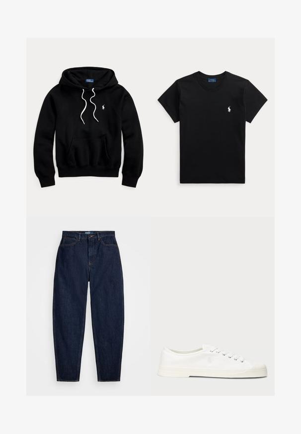 Zwarte capuchontrui met witte trekkoorden, voorzak in kangaroostijl en een klein wit Polo Ralph Lauren-logo op de borst.; Zwart T-shirt met korte mouwen en ronde hals, met klein wit polospelerlogo op de linkerborst en blauw label binnen de kraag.; Donkerblauwe denim jeans met een rechte pasvorm, voorzien van oranje stiksels, een sluiting met knoop aan de voorkant en vijf zakken.; Witte canvas sneaker met een ronde neus, vetersluiting en subtiele logo-detail. Voorzien van een gemêleerde stof en rubberen zool.