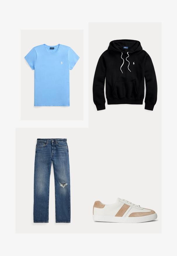 Svart hettegenser med hvite snorer, kengurulomme foran og en liten hvit Polo Ralph Lauren-logo på brystet.; Lyseblå T-skjorte med korte ermer og rund hals, med liten hvit brodert Polo Ralph Lauren-logo på venstre bryst.; Blå denimjeans med middels høy midje, fem lommer og et frynsete hull på høyre kne.; Hvit lavt snøresko med beige semsket skinn-detaljer på hæl, sideststripe og tå, med hvite lisser og teksturert gummisåle.