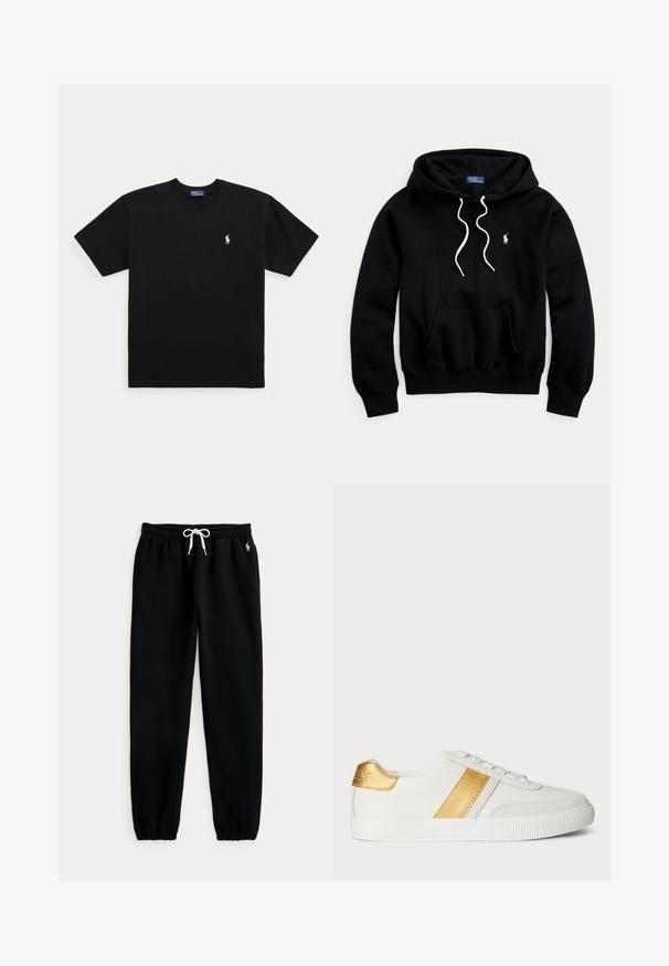 Must kapuutsiga dressipluus valgete paeltega, ees kaamera-tasku ja väike valge Polo Ralph Laureni logo rinnal.; Must must lühikeste varrukatega ümara kaelusega T-särk, millel on vasakul rinnal väike valge brodeeritud Polo Ralph Laureni logo.; Mustad jooksipüksid elastse vöökohaga ja valge nööriga, elastsete mansettide ja vasaku puusa väikese valge hobuse logoga.; Valged sneakerid sünteetilisest materjalist, millel on metallik kuldne triip ja kontsaplaan, ning tekstureeritud kummist tald.
