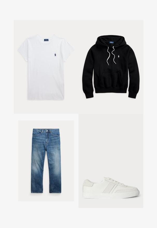 Sweat à capuche noir avec cordons blancs, poche kangourou à l'avant et petit logo blanc Polo Ralph Lauren sur la poitrine.; T-shirt blanc à manches courtes et col rond avec un petit logo Polo Ralph Lauren bleu marine sur la poitrine gauche.; Jean en denim bleu délavé avec une coupe droite, poches avant, passants de ceinture et détails délavés aux cuisses et aux genoux.; Basket blanche avec une tige en cuir lisse, des accents en suède et des lacets plats. Dispose d'une semelle en caoutchouc texturée et d'un design minimaliste.