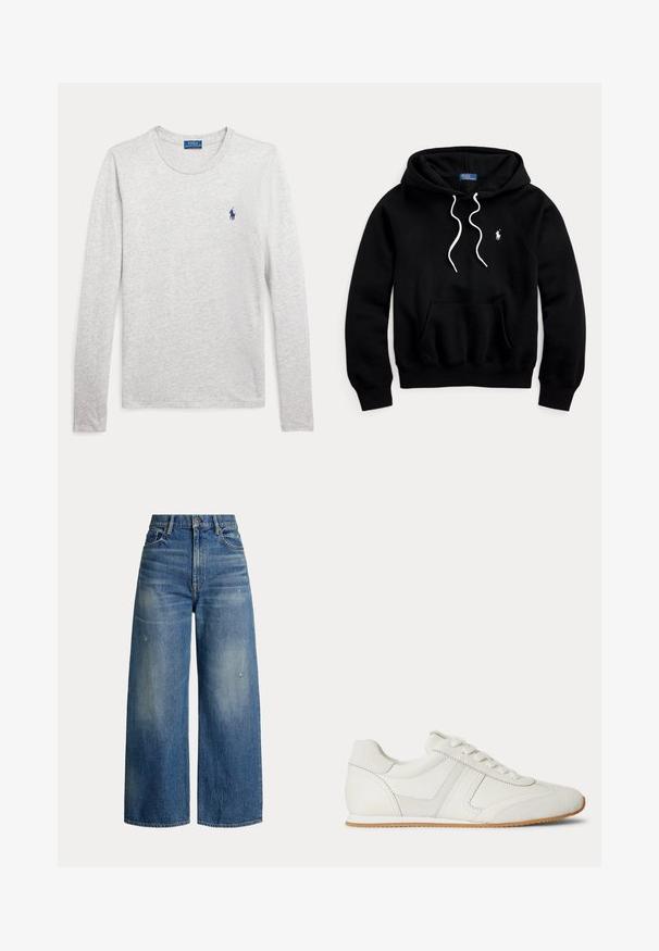 Čierna mikina s kapucňou s bielymi sťahovacími šnúrkami, predným klokankovým vreckom a malým bielym logom Polo Ralph Lauren na hrudi.; Svetlosivá košeľa s dlhým rukávom, okrúhlym výstrihom a malým námornícky modrým logom Polo Ralph Lauren vyšitým na ľavej hrudi.; Široké nohavice v svetlom modrom denim, s vysokým pásom, vyblednutými časťami a klasickým dizajnom s piatimi vreckami a kovovými detailmi.; Biela nízka teniska so šnurovaním vpredu, zsemišovými a koženými panelmi a svetlohnedou gumovou podrážkou na bielom pozadí.