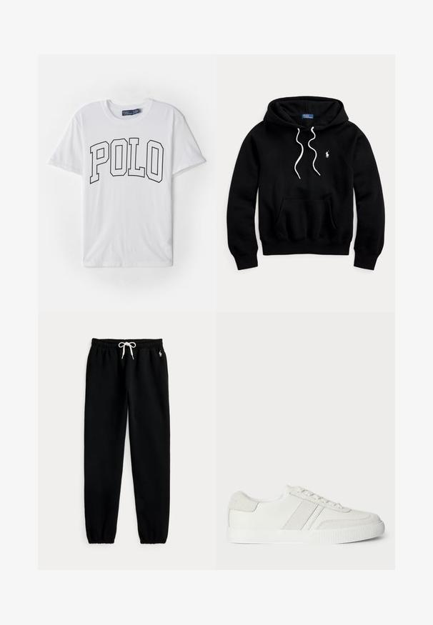 Must kapuutsiga dressipluus valgete paeltega, ees kaamera-tasku ja väike valge Polo Ralph Laureni logo rinnal.; Valge puuvillane t-särk, mille esiküljel on musta äärisega trükk sõna "POLO", lühikesed varrukad ja ümmargune kaelus.; Mustad jooksipüksid elastse vöökohaga ja valge nööriga, elastsete mansettide ja vasaku puusa väikese valge hobuse logoga.; Valge tennisaken sileda nahkupperiga, sametiste detailidega ja lamedate paeltega. Omab tekstureeritud kummist tallat ja minimalistlikku disaini.