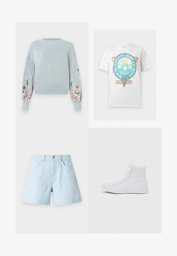 Sweatshirt bleu clair avec broderies florales en rose, jaune et bleu sur les manches. Poignets et encolure côtelés, coupe décontractée.; T-shirt blanc à manches courtes avec logo coloré "Ripcurl Surf Co Beach Club" représentant des palmiers, le soleil, des oiseaux, et le texte "Surf & Sun Since 1969".; Shorts rayés bleu clair avec taille haute, poches avant et fermeture à bouton métallique. Le tissu présente une texture douce et une coupe ajustée.; Baskets montantes blanches avec bordure en tissu effiloché, lacets blancs passant par des œillets dorés, semelle et bout en caoutchouc.