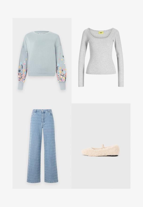 Lyseblå sweatshirt med blomsterbroderi i pink, gul og blå på ærmerne. Ribbet manchetter og halsudskæring, afslappet pasform.; Lysegrå, langærmet tætsiddende top med bred rund halsudskæring og gul mærkeetiket "JJXX" syet ind i kraven.; Lyseblå, højtaljede, vidde bukser med bølget teksturmønster, foran knapper, lynlås og bæltestropper.; Luftig, cremefarvet hjemmesko med en blød tekstur, rund tå, minimalistisk design og en lille stofsløjfe på bagsiden for nem påtagning.