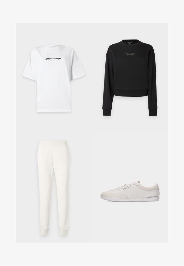 Sweat-shirt court noir en tissu doux, avec manches longues et col rond. Logo doré "Armani Exchange" sur le devant.; T-shirt blanc à manches courtes avec le texte noir "armani exchange" centré sur la poitrine, présenté sur un fond gris clair.; Pantalon de jogger crème en tissu doux, avec une taille et des poignets ajustés. Design simple sans motifs visibles ni ornements.; Baskets basses blanc cassé et beige à lacets, avec des détails en cuir lisse et en daim, arborant un petit logo Michael Kors sur le côté.