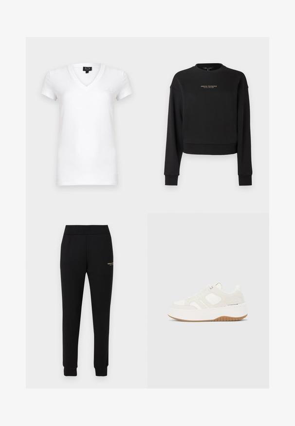 Sweat-shirt court noir en tissu doux, avec manches longues et col rond. Logo doré "Armani Exchange" sur le devant.; T-shirt blanc à col en V en coton avec manches courtes, présentant un petit logo sur le côté gauche de la poitrine. Texture de tissu lisse.; Pantalon de survêtement noir fuselé avec taille et poignets élastiques, présentant un petit logo doré "Armani Exchange" sur la cuisse droite.; Baskets compensées blanches et beige avec lacets à l'avant, semelle en gomme, branding sur le côté et détails de panneaux cousus.