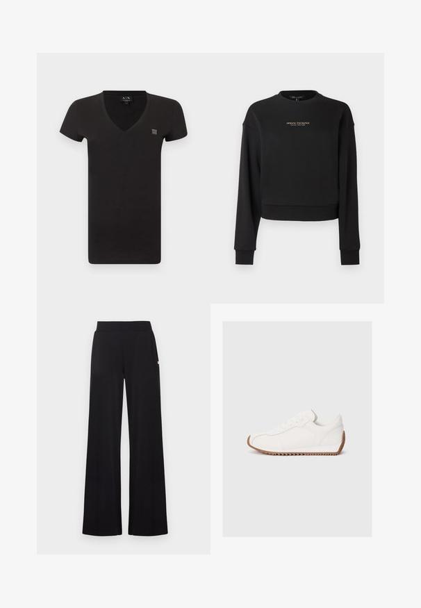 Sweat-shirt court noir en tissu doux, avec manches longues et col rond. Logo doré "Armani Exchange" sur le devant.; T-shirt noir à manches courtes avec col en V, petit patch logo sur le côté gauche de la poitrine et étiquette intérieure au niveau de l'encolure.; Pantalon noir à jambes larges avec une taille ajustée, réalisé dans un tissu lisse. Comprend des poches latérales discrètes et des accents matériels minimalistes.; Baskets blanches avec tige en cuir lisse, semelle en caoutchouc texturée, bout rond et détails de couture subtils. Semelle extérieure en caoutchouc marron contrastante.