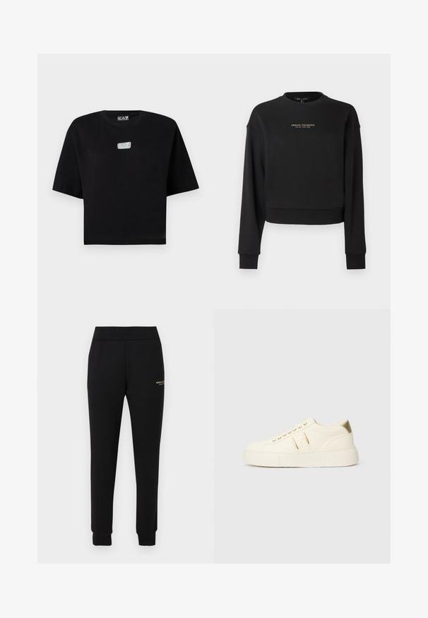 Sweat-shirt court noir en tissu doux, avec manches longues et col rond. Logo doré "Armani Exchange" sur le devant.; T-shirt noir court à manches courtes avec un petit logo EA7 Emporio Armani gris et blanc sur la poitrine et à l'intérieur de l'encolure.; Pantalon de survêtement noir fuselé avec taille et poignets élastiques, présentant un petit logo doré "Armani Exchange" sur la cuisse droite.; Baskets basses de couleur crème avec des accents dorés, des lacets et un marquage « Armani Exchange » en relief sur la semelle et le patch latéral.