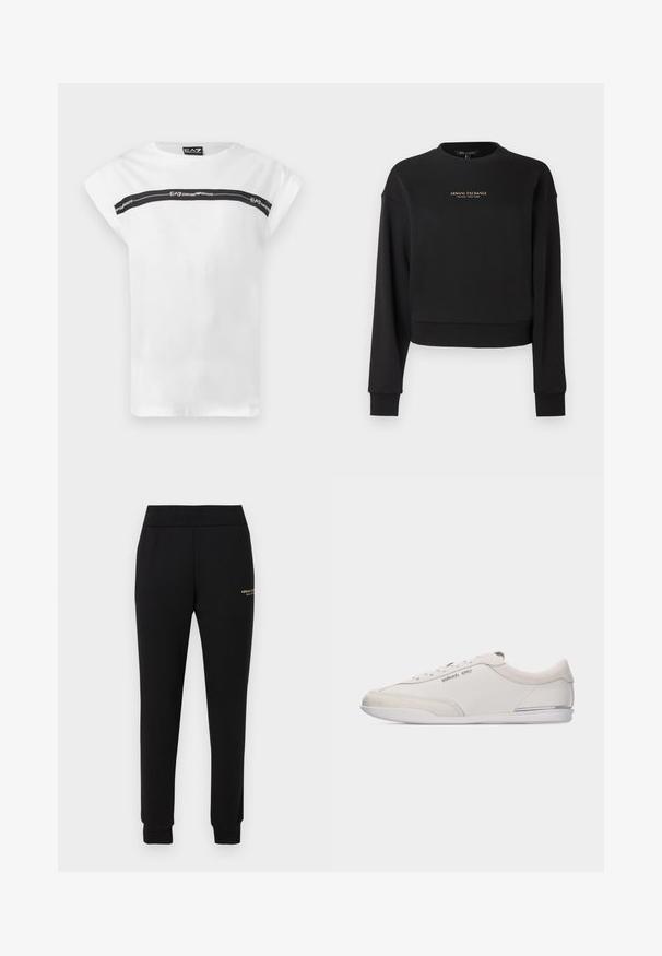 Sweat-shirt court noir en tissu doux, avec manches longues et col rond. Logo doré "Armani Exchange" sur le devant.; T-shirt blanc à manches courtes avec une bande horizontale noire sur la poitrine avec la marque "EA7 Emporio Armani".; Pantalon de survêtement noir fuselé avec taille et poignets élastiques, présentant un petit logo doré "Armani Exchange" sur la cuisse droite.; Baskets basses blanc cassé et beige à lacets, avec des détails en cuir lisse et en daim, arborant un petit logo Michael Kors sur le côté.