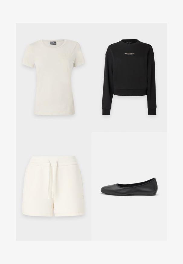 Zwarte cropped trui gemaakt van zachte stof, met lange mouwen en een ronde halslijn. Gouden "Armani Exchange" logo op de voorkant.; Lichtbeige t-shirt met korte mouwen, gemaakt van zachte stof, met een ronde halslijn en een subtiel patroon aan de voorkant, nabij de bovenkant links.; Crèmekleurige shorts gemaakt van zachte stof, voorzien van een elastische tailleband met aantrekkoorden en een klein logo aan de zijkant.; Zwarte leren ballerina met een ronde neus, gladde textuur, minimale stikdetails en een flexibele zoolontwerp.