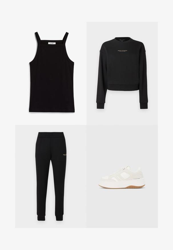 Sweat-shirt court noir en tissu doux, avec manches longues et col rond. Logo doré "Armani Exchange" sur le devant.; Débardeur noir à fines bretelles, en tissu côtelé, avec une coupe droite et une étiquette au niveau du col indiquant "IVY OAK."; Pantalon de survêtement noir fuselé avec taille et poignets élastiques, présentant un petit logo doré "Armani Exchange" sur la cuisse droite.; Baskets compensées blanches et beige avec lacets à l'avant, semelle en gomme, branding sur le côté et détails de panneaux cousus.