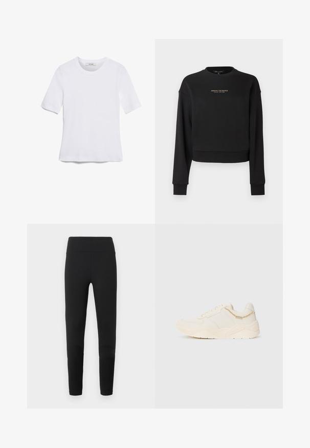 Sudadera negra recortada hecha de tela suave, con manga larga y cuello redondo. Logo dorado de "Armani Exchange" en el frente.; Camiseta de manga corta blanca hecha de tela de canalé. Cuello redondo, corte regular y detalles de costura sutiles. Sin patrones ni gráficos.; Leggings negros con textura suave, diseño de cintura alta y forma ajustada. La tela es elástica y versátil para diversas actividades.; Zapatillas color crema con parte superior de cuero suave, acentos texturizados, detalles cosidos y una suela de goma(chunky). Presenta una pequeña cadena decorativa.