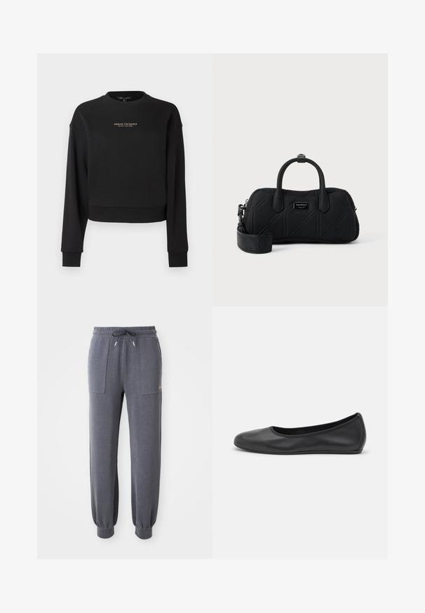 Sudadera negra recortada hecha de tela suave, con manga larga y cuello redondo. Logo dorado de "Armani Exchange" en el frente.; Pantalones de chándal grises hechos de una tela suave, con cintura elástica y cordón, dos bolsillos delanteros y puños ajustados en los tobillos.; Bailarina de piel negra con punta redondeada, textura suave, detalle de costura minimalista y diseño de suela flexible.; Bolso rectangular negro acolchado con dos asas superiores, correa ancha para el hombro desmontable y una pequeña placa metálica con la marca en el centro frontal.