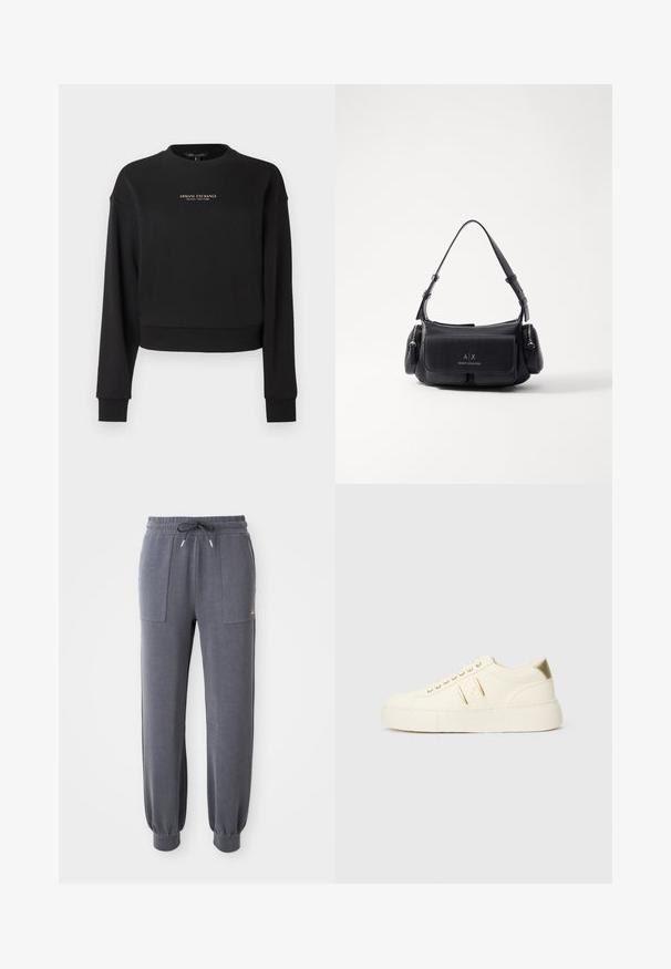 Sudadera negra recortada hecha de tela suave, con manga larga y cuello redondo. Logo dorado de "Armani Exchange" en el frente.; Pantalones de chándal grises hechos de una tela suave, con cintura elástica y cordón, dos bolsillos delanteros y puños ajustados en los tobillos.; Zapatilla baja color crema con detalles en dorado, cordones y logo de "Armani Exchange" grabado en la suela y en el parche lateral.; Bolso de mano de cuero negro con una sola correa para el hombro, cuenta con un bolsillo con solapa en la parte frontal y compartimentos con cremallera a los lados. Textura suave con detalle del logotipo.