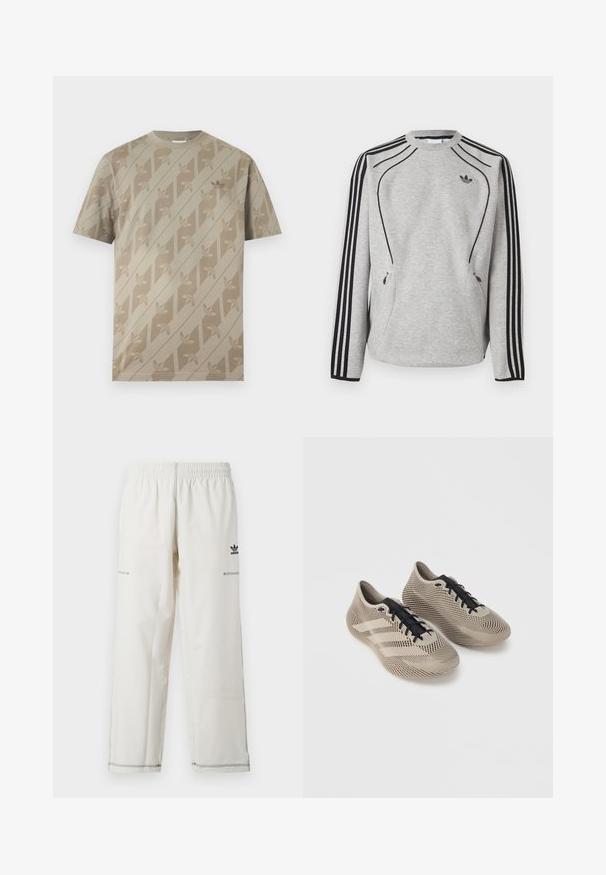 Φωτεινό γκρι φούτερ Adidas με μακριά μανίκια, μαύρες τρεις ρίγες στα μανίκια, μαύρες λεπτομέρειες, τσέπες με φερμουάρ και μικρό μαύρο λογότυπο τριών φύλλων στο στήθος.; Μπεζ κοντομάνικη μπλούζα με διαγώνιες ρίγες και επαναλαμβανόμενο μοτίβο με το λογότυπο τριφύλλι σε ελαφρώς πιο σκούρα απόχρωση.; Άσπρο αθλητικό παντελόνι με ελαστική μέση, πλαϊνές τσέπες και μαύρο λογότυπο adidas με διακοσμητικές ραφές. Λείο, ελαφρύ ύφασμα.; Ζευγάρι μπεζ αθλητικά παπούτσια με μαύρα κορδόνια, διαθέτοντας υφή με ριγέ μοτίβο και τρεις πλαϊνές γραμμές σε απλό φόντο.