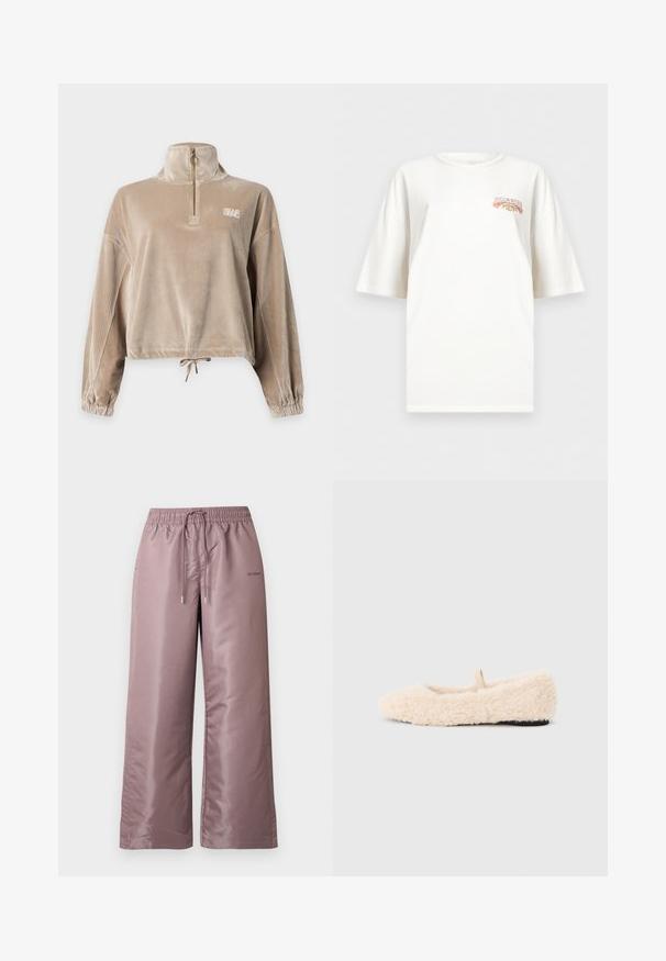 Pull en velours côtelé beige avec fermeture éclair sur un quart de la hauteur, col montant, poignets élastiques, ourlet avec cordon de serrage élastique et petit logo sur la poitrine.; T-shirt blanc à manches courtes, oversize, avec un petit logo "Billabong 1973" orange et marron situé sur le haut à gauche de la poitrine.; Pantalon ample rose clair en nylon lisse. Doté d'une taille élastique avec cordon de serrage et portant un logo sur le côté.; Chausson doux, de couleur crème, avec une texture moelleuse, un bout arrondi, un design minimal et une petite boucle en tissu à l'arrière pour un enfilage facile.