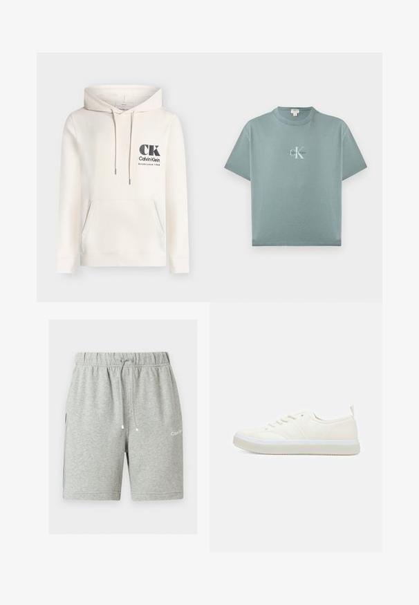 Εκρού hoodie Calvin Klein με μπροστινή τσέπη, ρυθμιζόμενο κορδόνι κουκούλας και μαύρο λογότυπο "CK Calvin Klein Established 1968" στο στήθος.; Ελαφρύ τιρκουάζ κοντομάνικο T-shirt με στρογγυλή λαιμόκοψη και τοποθετημένο στο κέντρο λογότυπο Calvin Klein σε λευκό και μαύρο κείμενο στο μπροστινό μέρος.; Ανοιχτό γκρι βαμβακερό σορτς με ελαστική μέση, κορδόνια, πλαϊνές τσέπες και το λογότυπο Calvin Klein στο αριστερό πόδι.; Calvin Klein TOP LACE UP UNIFIT - Αθλητικά παπούτσια - salt bay