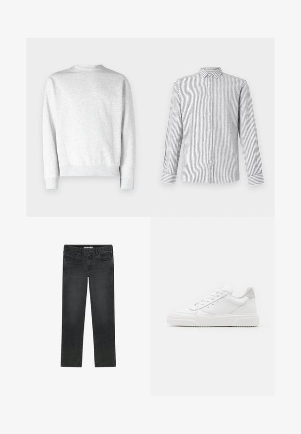 Lichtgrijze crewneck sweatshirt van zacht fleece materiaal, met ribgebreide boorden en onderkant, en een gladde textuurafwerking.; Lange mouwen overhemd met knopen in lichtgrijs met witte verticale strepen. Beschikt over een klassieke kraag en manchetten met een gestreept patroon.; Zwarte Wrangler jeans met rechte pijpen, voorste knoop, rits, riemlussen en een ontwerp met vijf zakken op witte achtergrond.; Witte leren sneakers met een gladde afwerking, ronde neus, platte veters en een gestructureerde zool. Grijze suède accent bij de hiel.