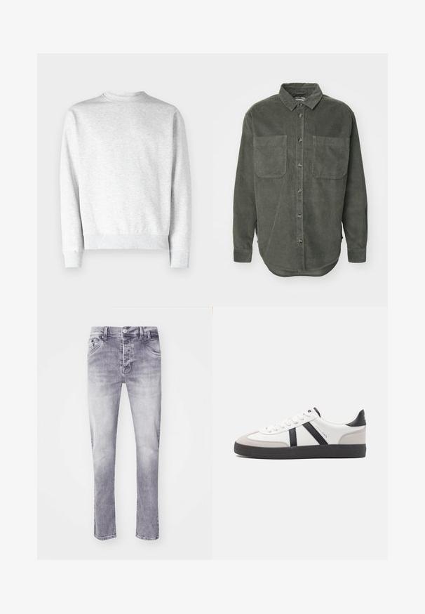 Helles graues Sweatshirt mit Rundhalsausschnitt aus weichem Fleece-Material, mit gerippten Bündchen und Saum, und einer glatten Textur.; Grünes Cordhemd mit durchgehender Knopfleiste, spitzem Kragen, zwei Brusttaschen und langen Ärmeln mit knöpfbaren Manschetten, mit geradem Saum.; Graue Denim-Jeans mit einem verblassten Finish, fünf Taschen-Design und geradem Schnitt. Mit einem regulären Knopf- und Reißverschluss.; Weiße Sneaker mit schwarz- und grau-aczenten, ausgestattet mit einer strukturierten grauen Zehenkappe, schwarzer Gummi-Sohle und flachen weißen Schnürsenkeln. Sauberes Design, minimalistische Stil.