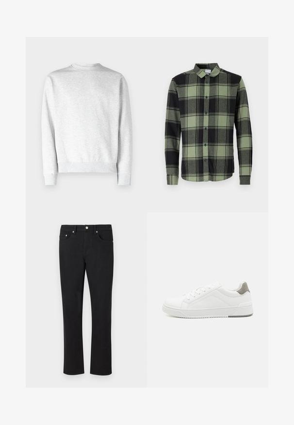 Lys grå crewneck sweatshirt lavet af blødt fleece-materiale, med ribbestrikkede manchetter og kant, samt en glat, tekstureret overflade.; Mørkegrøn og sort ternet skjorte med lange ærmer, der har en klassisk krave og blå knapper. Blødt, tekstureret stof.; Sorte denimjeans med lige ben, der har fem lommer og sølvhardware med en glat tekstur. Ingen mønstre eller accenter.; Hvid sneaker lavet af glat læder, rund tå, minimalistisk design, grå hælafsats og tekstureret gummisål.