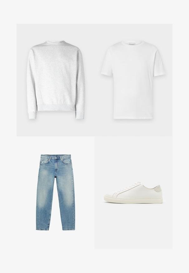 Lichtgrijze crewneck sweatshirt van zacht fleece materiaal, met ribgebreide boorden en onderkant, en een gladde textuurafwerking.; Witte t-shirt met korte mouwen van katoen. Heeft een ronde halslijn en een rechte zoom. Geen patronen of versieringen. Eenvoudig ontwerp.; Jeans met rechte pijpen van blauwe denim, met voorzakken en riemlussen, met lichte vervaagde details op dijen en knieën.; Witte leren sneaker met een gladde oppervlakte, ronde neus en minimalistisch ontwerp. Heeft beige accenten op de hiel en een rubberen zool.