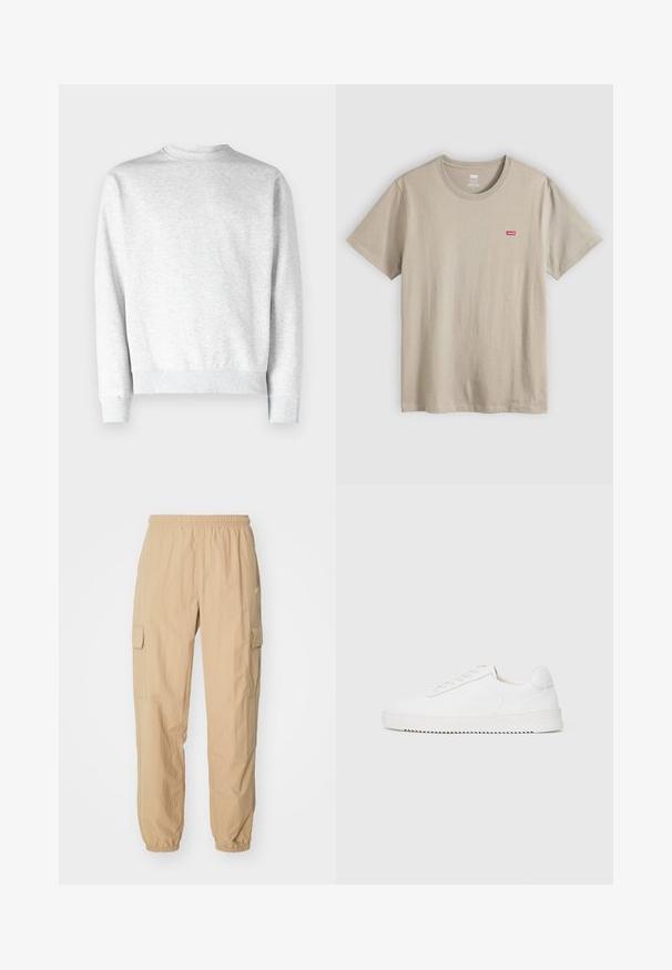 Helles graues Sweatshirt mit Rundhalsausschnitt aus weichem Fleece-Material, mit gerippten Bündchen und Saum, und einer glatten Textur.; Beiges Baumwoll-T-Shirt mit kurzen Ärmeln, rundem Halsausschnitt und kleinem rotem Levi's-Logo auf der linken Brust. Glatte Textur, lässiges Design.; Beige Cargo-Hosen aus leichtem Stoff, mit einem elastischen Bund, zwei Seitentaschen und elastischen Bündchen an den Knöcheln.; Weißer Sneaker mit einem Obermaterial aus glattem Leder, abgerundetem Zehenbereich, Schnürsenkeln, strukturierten seitlichen Akzenten und einer dicken Gummisohle. Minimalistisches Design.