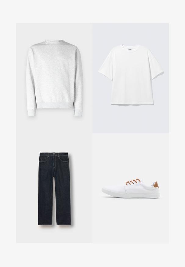 Helles graues Sweatshirt mit Rundhalsausschnitt aus weichem Fleece-Material, mit gerippten Bündchen und Saum, und einer glatten Textur.; Weißes oversized T-Shirt mit kurzen Ärmeln und Rundhalsausschnitt mit eingesetzten Schultern, flach auf hellgrauem Hintergrund.; Dunkelblaue gerade geschnittene Jeans aus Denim-Stoff, mit Gürtelschlaufen, vorderen Taschen und kontrastierenden Nähten. Minimalistisches Design ohne Verzierungen.; Weiße Leinenschuhe mit braunen Akzenten, flachen Schnürsenkeln, niedriger Silhouette und einer strukturierten Gummisohle.