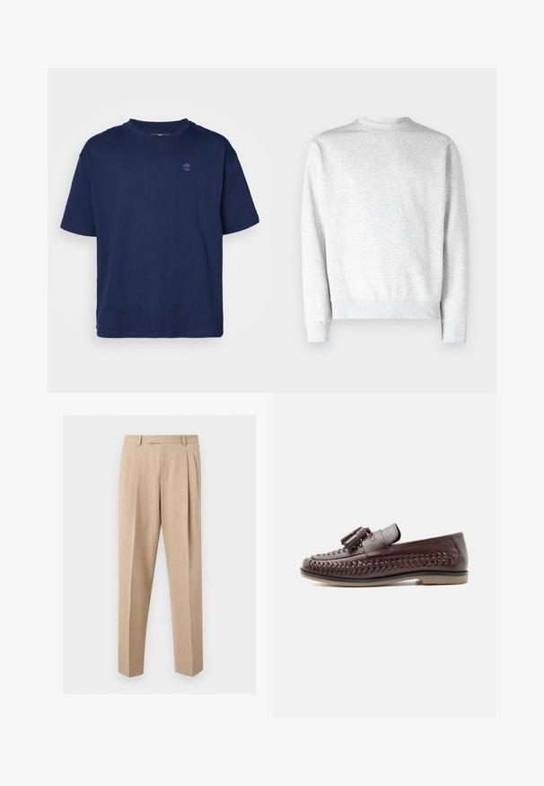 Lys grå crewneck sweatshirt lavet af blødt fleece-materiale, med ribbestrikkede manchetter og kant, samt en glat, tekstureret overflade.; Marineblå bomulds T-shirt med rund halsudskæring, korte ærmer og et lille, tonalt logo på brystet. Casual pasform, glat tekstur.; Beige skræddersyede bukser med frontplisser, bæltestropper og lige ben, vist mod en ensartet lys baggrund.; Brun herreloafer i læder med flettet detalje på siden, kvaster på toppen og en beige sål mod en enkel baggrund.