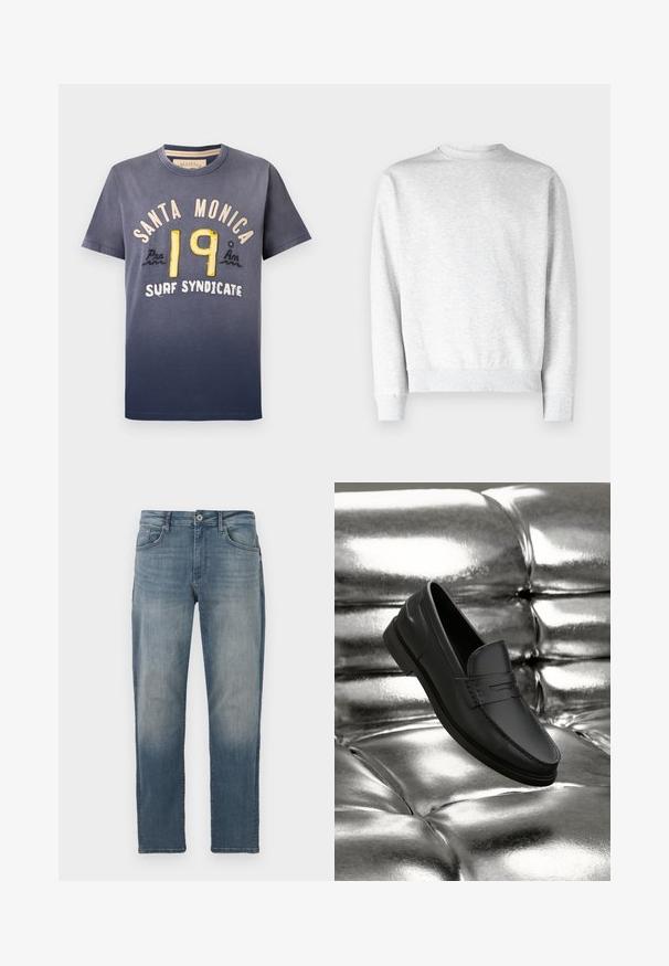 Heled hall crewneck sviiter, mis on valmistatud pehmest fliismaterjalist. Sviitril on soonikkoes varrukate ja hem, samuti sujuv tekstuur.; Tumed sinine puuvillane T-särk, millel on gradient-efekt, esitades "SANTA MONICA" ja "19" kollase ja kreemja tikandiga, ümar kaelus, lühikesed varrukad.; Heledad sinine teksarihm, sirge lõikega, viie taskuga disain, metallsulgemine ja kerge pleekimine ees.; Mustad nahast mokassiinid, millel on sile tekstuur, õmbluste detailid ja klassikaline disain, esitatud metallilise, läikiva tausta taustal.