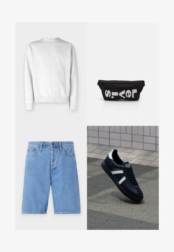 Lys grå crewneck sweatshirt lavet af blødt fleece-materiale, med ribbestrikkede manchetter og kant, samt en glat, tekstureret overflade.; Lys blå denimshorts med et klassisk fem-lomme design, knaplukning og lige ben, prydet med en falmet tekstur og syninger som detaljer.; Sort lædersneaker med hvide striber, tekstureret gummisål og snørrebånd foran. Har et brandet mærke på tungen.; Sort stoftaske med flad form, prydet med fed hvid tekst. Lynlåsen er placeret øverst, med en løkke detalje på den ene side.