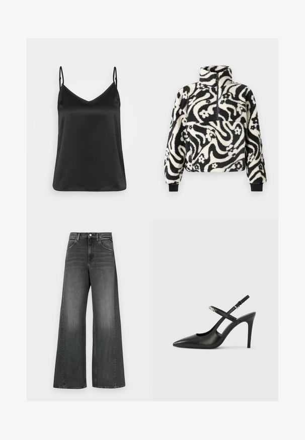 Sort og hvid fleece-pullover med høj krave, prydet med et svajende blomstermønster og ribbede manchetter. Frontlynlås.; Sort satin camisole med V-hals, tynde justerbare stropper og en glat, blank overflade. Ingen mønstre eller yderligere dekorationer.; Bukser med vide ben i mørkegråt denim, med klassisk fem-lomme design, synlige syninger og knaplukning foran.; Sorte læder slingback-højhæle med spids tå, udskåret design og justerbar rem med metalhardware.