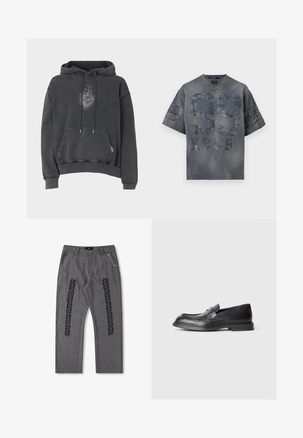 Hættetrøje i mørkegrå, lavet af blødt stof. Har en frontlomme og et broderet hjerte design. Løs pasform med ribbede manchetter.; Mørkegrå kortærmet skjorte med V-hals, der har stort slidt "99" og "KSUBI" tekst på fronten samt to stribedetaljer på ærmerne.; Grå rutet bukser med sort tekstdetalje langs siderne, prydet med en kædeaccent i taljen. Bukserne har lige ben og er lavet af struktureret stof.; Sorte læder loafers med en struktureret finish, der har en dekorativ frontrem og en rundet tå. Gummisål for holdbarhed.
