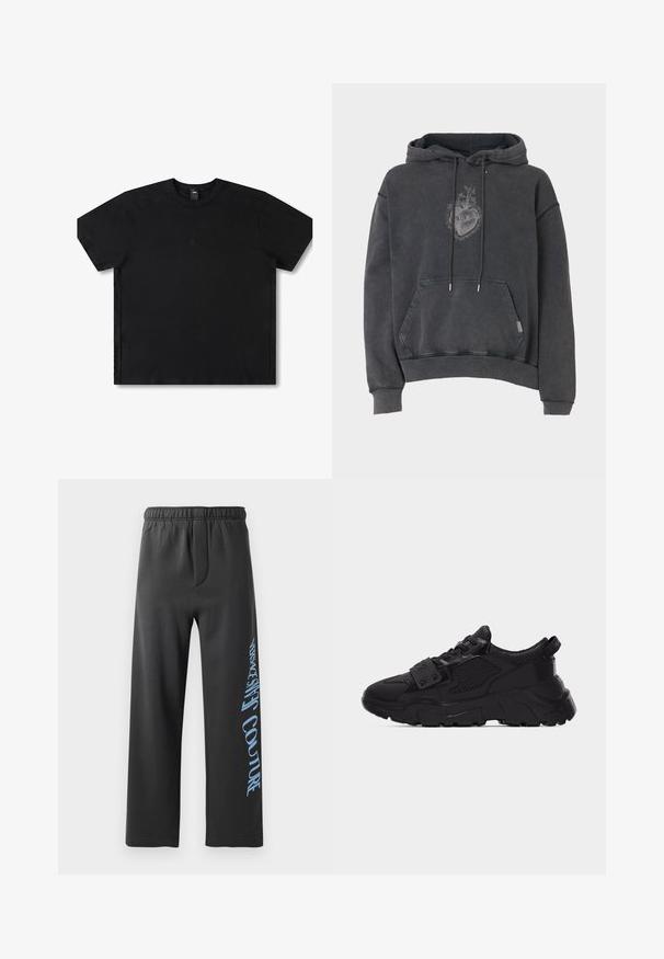 Sudadera con capucha en gris oscuro, hecha de tela suave. Cuenta con un bolsillo frontal y un diseño bordado de corazón. Corte holgado con puños acanalados.; Camiseta negra de manga corta hecha de algodón con cuello redondo, con un logo sutil en el centro y un diseño de corte relajado.; Pantalones de chándal negros hechos de una tela suave, con corte holgado y una cintura elástica. Texto impreso notable en azul a lo largo del costado.; Zapatilla deportiva negra de suela gruesa con paneles de malla y cuero, suela gruesa y texturizada, cierre de cordones y una correa con tachuelas metálicas sobre los cordones.