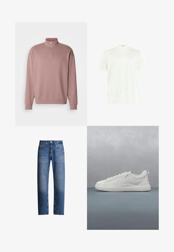 Lyserød pullover sweatshirt med høj krave, halv lynlås og ribbede manchetter. Har subtil logo-detalje foran. Blødt materiale.; Hvid crewneck T-shirt lavet af blødt stof. Korte ærmer, uden mønstre. Simpelt design med lige kant og minimal detaljer.; Blå denimjeans med lige pasform, fem lommer og lynlås. Har en let falmet effekt og syninger langs sømmene.; Hvide sneakers med en glat læderfinish, rund tå, fire snørehuller, subtile perforeringer og en rød logo detalje på siden.