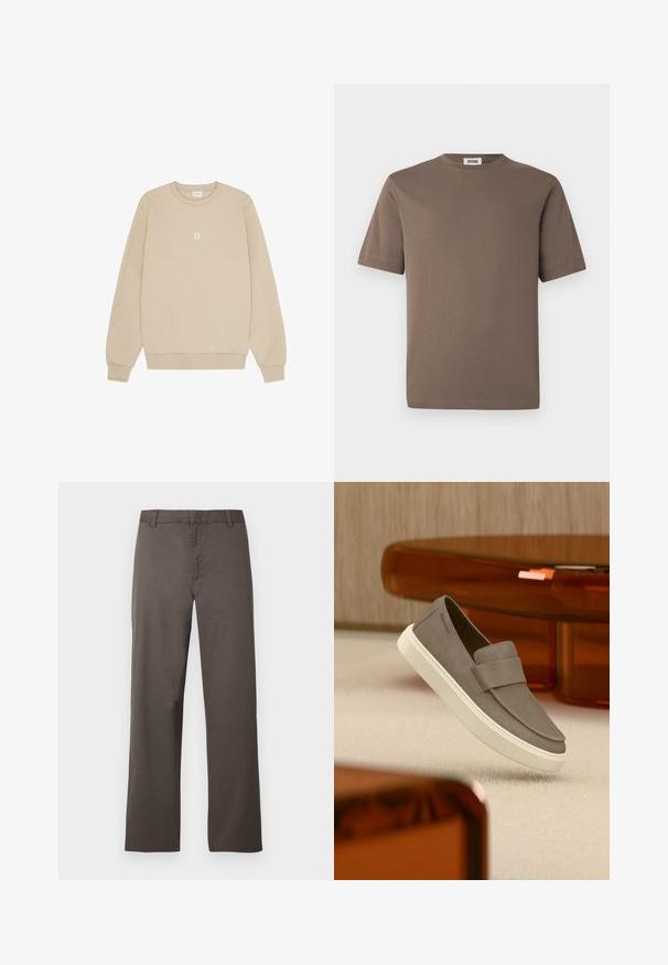 Sweatshirt beige en tissu doux avec un col rond, des manches longues et un petit graphique blanc "II" centré sur la poitrine.; T-shirt en coton marron à manches courtes, col rond et texture lisse. Présente un ourlet droit et un design minimaliste.; Pantalon en coton marron avec une coupe droite, doté de passants de ceinture et une texture lisse. Aucun motif visible ni détail de quincaillerie.; Chaussure gris en daim à enfiler avec semelle blanche suspendue au-dessus d'un tapis beige, avec un meuble orange translucide en arrière-plan.