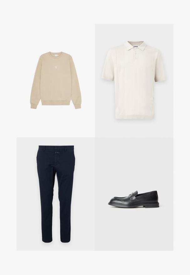 Beige Sweatshirt aus weichem Material mit rundem Halsausschnitt, langen Ärmeln und einem kleinen weißen "II"-Grafik, die zentral auf der Brust platziert ist.; Kurzärmeliges, cremefarbenes Poloshirt mit drei Knöpfen und dezenten vertikalen, perforierten Streifen auf der Vorderseite.; Navyblaue Baumwollchinos mit slim Fit, flachem Vorderteil und Reißverschluss. Verfügt über seitliche Taschen und eine Gesäßtasche mit einem kleinen Markentag.; Schwarze Lederloafer mit strukturierter Oberfläche, versehen mit einem dekorativen Frontriemen und einer abgerundeten Spitze. Gummisohle für Langlebigkeit.